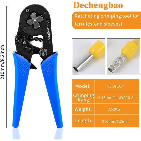 Dechengbao 16-4 draadkrimptang met vierkante bek AWG 30-5 (0,08-16 mm²) hulskrimptang, ratelkrimptang