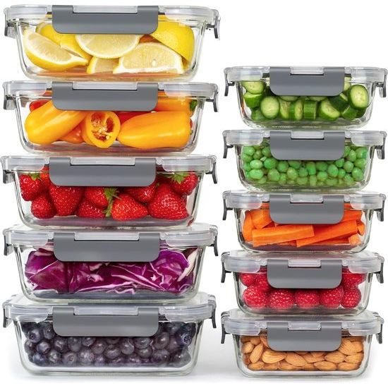 Glazen voedsel - [Pack van 10] Lunchboxen voor gezonde maaltijden met luchtdichte deksels - Luchtdichte opslagcontainers, lunchboxen BPA-vrij lekvrij (10 deksels en 10 containers)