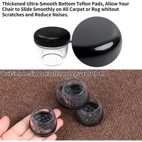 16 stuks stoelpootglijders voor tapijten 3,2 cm rond transparant TPE hoogelastisch zacht rubber met zwart