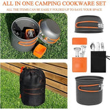 Campingserviesset met mini-campingkooktoestel, gaskoker, bestek, outdoor kookgerei voor 1-2 personen, draagbaar, opvouwbare campingpannen, campingkooktoestel, kookset voor outdoor, picknick, wandelen