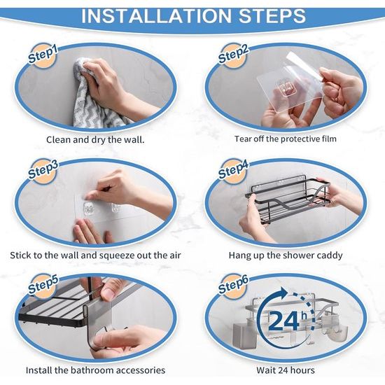 Doucheplank zonder boren, 2 stuks, zwart, van roestvrij staal, rek, zelfklevend, wandrek met 10 haken, doucheplank voor shampoohouder voor badkamer en keuken