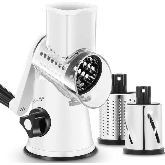 Cheese grater with handle, vegetable slicer with 3 interchangeable drum blades, kitchen grater for quick cutting, drum grater suitable for vegetables, fruits, etc.