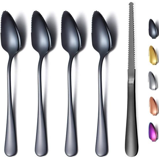 Zwarte grapefruitlepels, 5-delige set, 4 roestvrijstalen grapefruitlepels en 1 grapefruitmes met titaniumcoating, grapefruitbestek, lepel met gekartelde randen, 5 stuks (zwart)