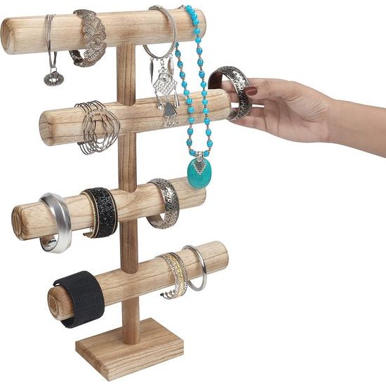 4 niveaus sieradenstandaard, houten kettingen, opbergen, sieradenorganizer, 48 cm hoog, sieradenboom voor kettingen, armbanden, horloges, scrunchies en armbanden, T-bar, nachtkastorganizer,
