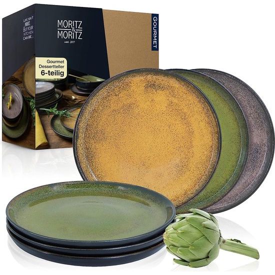 VIDA Set van 6 dessertborden, in de vintage tinten, rood, geel en groen, taartborden voor 6 personen, porselein, vaatwasser- en magnetronbestendig
