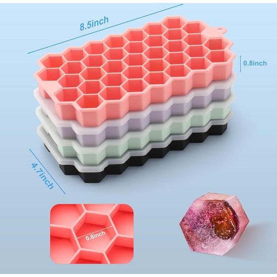 IJsblokjesvorm met haken, siliconen ijsblokjesvorm, 4-delige set, 37 vakken, met deksel, ijsblokjeshouder, BPA-vrije ijsblokjeshouder voor bier, cocktails, whisky (zwart, paars, groen + roze, 4)