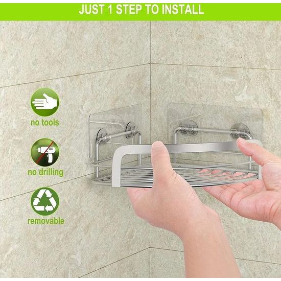 Doucheplank zonder boren, doucheplank, 2 stuks met 4 haken, roestvrijstalen wandgemonteerde badkamerplank, badkameraccessoires, shampoohouder voor douche