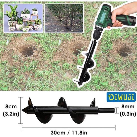 Tuingrondboor, grondcultivator boor, hex shank roestvrij staal, bloem plantenbakken slak om gaten te graven diepe cultivering, gereedschapsset voor het planten van bomen en struiken (diameter: 8 cm, lengte: 30 cm)