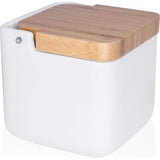 Zoutpot keramiek met klapdeksel van milieuvriendelijk bamboe - praktische zoutpot en zoutcontainer voor de keuken, zoutvat keramiek met deksel, ideaal als zoutpot - wit