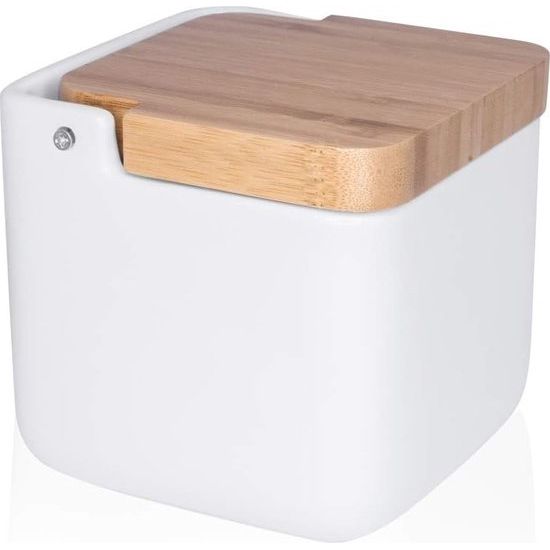 Zoutpot keramiek met klapdeksel van milieuvriendelijk bamboe - praktische zoutpot en zoutcontainer voor de keuken, zoutvat keramiek met deksel, ideaal als zoutpot - wit