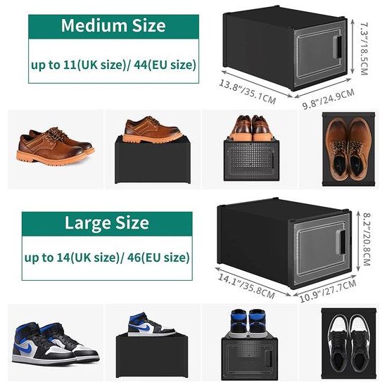 Schoenendozen, set van 6, schoenendoos stapelbaar, stabiel, opbergdozen voor schoenen met transparante deur en ventilatiegaten, voor schoenen tot maat 46, stapelbare schoenendoos zwart