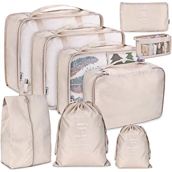 Kofferorganizer, 9-delige set, multifunctionele reis-kledingtassen, waterdicht, pakkubus, compressible voor vakantie, met schoenentas, make-uptas, paktassen, beige