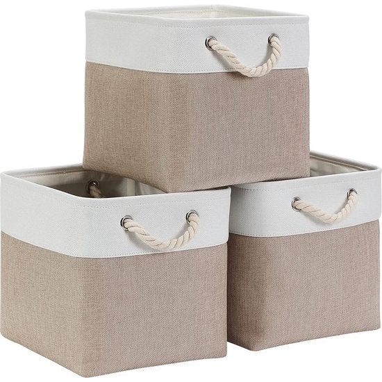 Opbergdoos stof, opbergmand Karki creme, manden stof in blokjes (30x30x30 cm) voor kast, plank en kleding, (opvouwbaar, 3-pack)