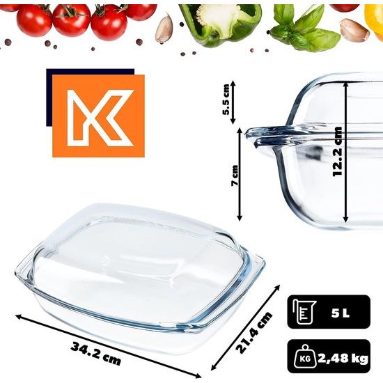 Ovenschotel van hittebestendig glas - vuurvast vat, glazen braadpan met deksel en handgrepen- servies om te braden, oven, elektrisch fornuis, voor lasagne & vlees - transparant, rechthoekig, 5L