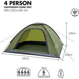 Campingtent voor 4 personen, licht, stabiel, waterdicht, 4-persoons koepeltent - ventilatiesysteem, muggenbescherming
