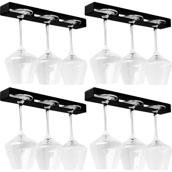 Wijnglashouder, hangende glashouder, hangende glashouder, schroefloze ophangingen, glashouder geschikt voor keuken, hotel, bar, restaurant, 4 stuks (zwart)