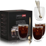 Dubbelwandige cappuccino-glazen met 4 lepels, set van 4, 350 ml, dubbelwandige latte macchiato-glazen, groot, koffiekopjes, glas, thermische cappuccinoglazen voor koffie, espresso, latte, thee, melk, bier, ijs