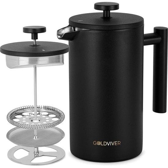 Goldviver® Premium French Press Koffiepers, roestvrij staal, S-304 roestvrij staal, dubbelwandige thermoskan van 0,8 mm, geïsoleerd, handmatige koffiemachine, mat zwart