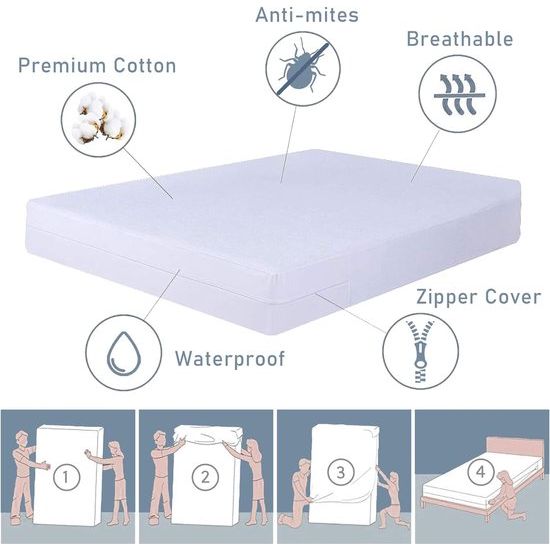Waterdichte matrashoes met ritssluiting, tegen mijten matrasbeschermer, hygiënische en ademende matrasoplegger, hoogte 20 cm -100 x 200 cm