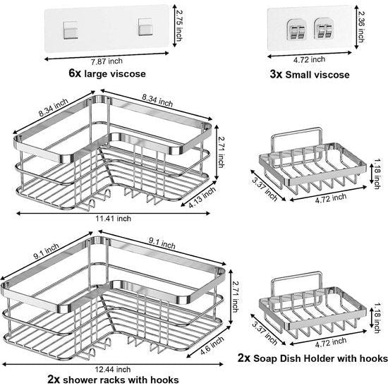 Hoek-doucheplank, set van 4, zelfklevende doucheplanken met zeephouder, geen boren, roestvrij staal, badkamer-douche-organizer, wandmontage, grote doucheplank (zilver)