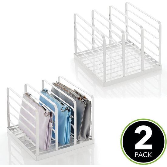 Clutch Organizer – praktische handtassen opbergen met 5 vakken voor clutches, portemonnees, kaartenetuis enz. – hoge portemonnee plank van metaal – set van 2 – mat wit