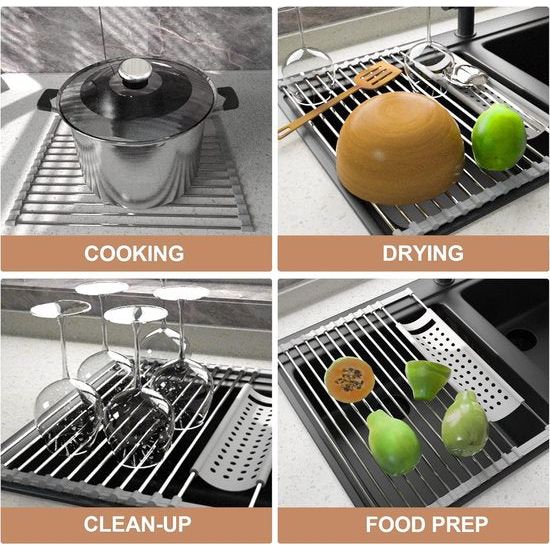 Roestvrij stalen afdruiprek, afdruiprek, afdruiprek, oprolbaar afdruiprek, inklapbaar en afneembaar, voor keuken, spoelbakken, fruit, groenten (43 x 40 cm)