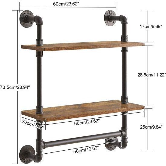 Wandrek, zwevend rek met 2 verdiepingen, houten wandboard met handdoekhouder, 60 cm, stabiel, metalen frame, boekenkast, wanddecoratie, opslag, voor woonkamer, keuken, badkamer