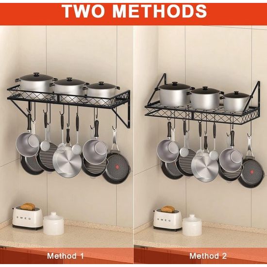Keukenrek, pannenhouder, ijzeren keukenrek, hangend pannenrek met 10 haken, keukenwandrek, pannenrek voor potten en pannen, 70 x 28 x 23 cm, zwart