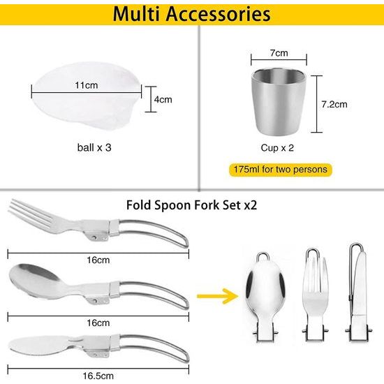 Campingserviesset, aluminium, outdoor kookset, pannen met 2 sets, opvouwbaar, roestvrij staal, bestek, campingpannenset voor 1-2 personen, outdoor, koken