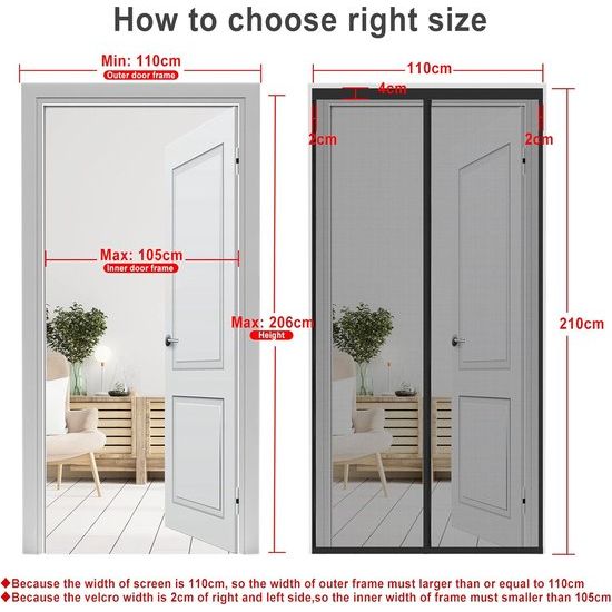 Verdikte vliegenhordeur, muggenhordeur, magnetisch gordijn, insectenbescherming voor balkondeur, kelderdeur en terrasdeur, eenvoudige zelfklevende installatie, boren niet nodig, kleur zwart, 110 x 210 cm