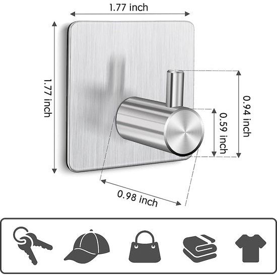 6 stuks handdoekhouders zilver extra sterk, haken kleefhaken zonder boren, 6 stuks, zelfklevende haken, duurzame wand- en montage, roestvrij, zilver 6 stuks