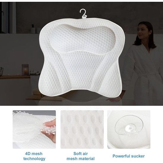 Badkussen, hoofdsteunbad met 4D Air Mesh-technologie, badkussen nekkussen met 6 zuignappen, comfortbadkussen voor hoofd, nek, schouders, rug voor home spa, wit