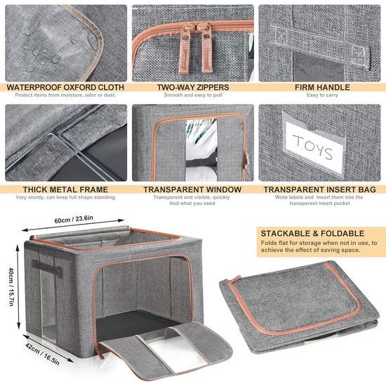 Opbergtas, 100 liter, metalen frame, katoenen was, beschermt tegen vocht en stof, dubbele openingsritssluiting, perfect voor kleding, speelgoed, beddengoed, dekens (set van 3)