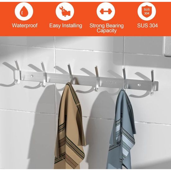 Haaklijst garderobe SUS304 roestvrij staal modern, kledinghakenlijst muur geborstelde look dubbele haken, jashaken kledinghaken met 6 haken, kledinghaken voor keuken, slaapkamer, kantoor