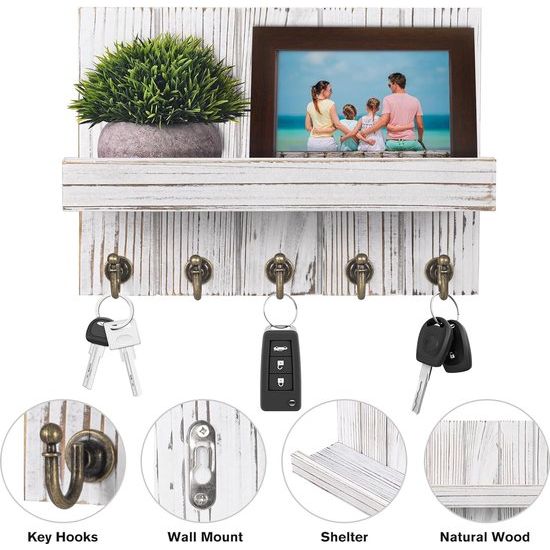 Sleutelrek met plank, houten sleutelrek, decoratieve houten wandplank, met 5 sleutelhaken, voor entree, hal, slaapkamer, woonkamer, antiek wit