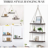 3 stuks houten wandrek met touw, hangrek, zwevende planken, hout, hangrek, wandschommel, opbergrekken, jute touw, organizerrek, bruin hout