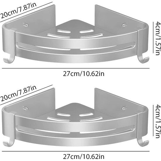 Shower Shelf without Drilling, Pack of 2 Shower Shelves with 2 Hooks for Bathroom, Kitchen, Toilet, Aluminium, Matt Black (2 Silver Corners)