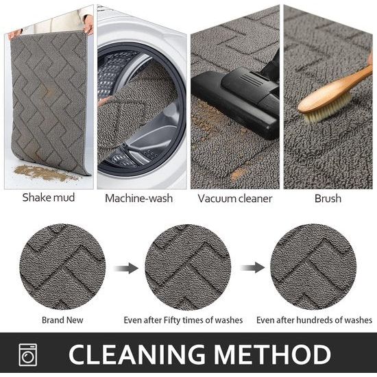 Deurmat voor binnen en buiten, wasbaar, binnentapijt, vuilvangmat, antislip, deurmat voor ingang, patio, hal, tuin, binnen en buiten (grijs, 119 x 180 cm)