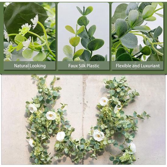 Eucalyptusdecoratie, 4 pakken, 1,5 m lange kunstmatige eucalyptusslinger met witte gipskruidbloemen, kunstmatige hangplant voor bruidsboeket