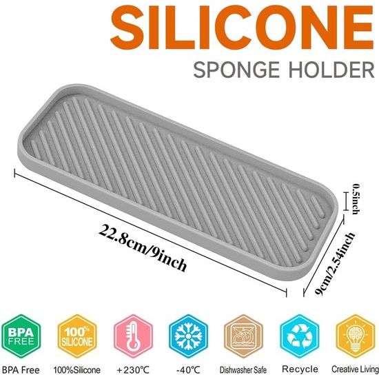 Siliconen spoelbak-organizer, siliconen sponshouder, spoelbak, wastafel, organizer, keuken, vaatwasmachinebestendig, siliconen afdruipmat, voor sponzen, borstels, zeep, 2 stuks (grijs)