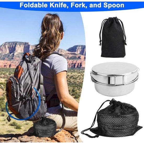 Campingserviesset 10-delig, roestvrij staal, campingbestek, accessoires, outdoor reisbestek, set voor 2 personen, met opvouwbare messen, vork, lepel, kookgerei voor picknick, backpacking,