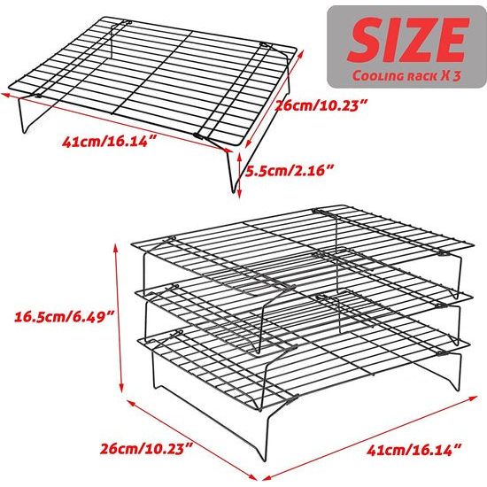 Afkoelrooster met 3 verdiepingen, stapelbare taartrooster, rechtshandig, met anti-aanbaklaag, extra groot afkoeloppervlak en snel afkoelen, 40 x 25 cm, 3 verdiepingen