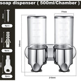 Double Chamber Soap Dispenser Wall Mounted Manual Hand Soap Dispenser Shampoo Lotion Shower Gel Container for Toilet Bathroom Hotel Kitchen (Clear, 2 x 500ml)