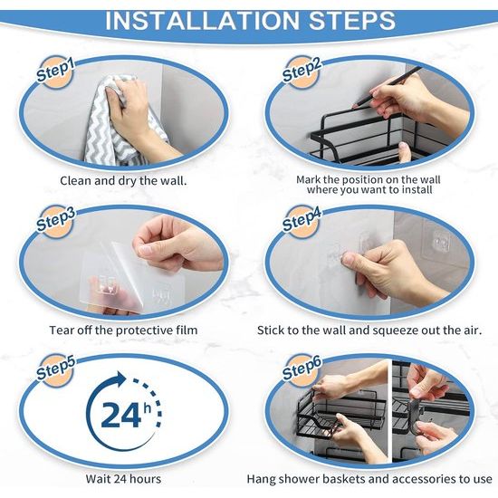 Shower Shelf No Drilling Black Shower Shelf Rustproof Stainless Steel Bathroom Shelf Wall Self-Adhesive Shower Basket with 10 Hooks Shampoo Holder for Shower Pack of 2 for Bathroom and Kitchen