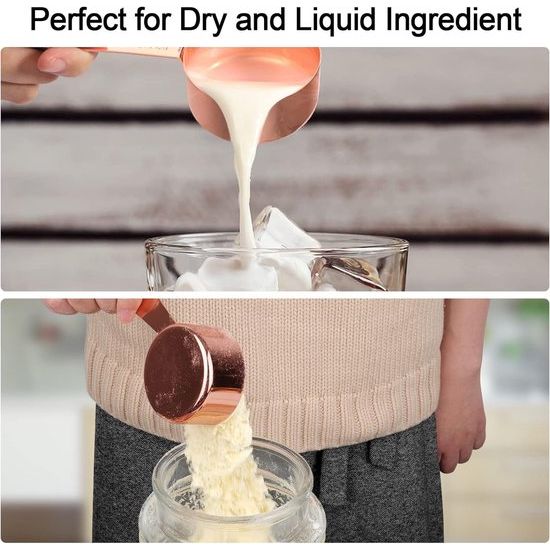 Maatbekers en maatlepels, 8 stuks, roestvrijstalen handgreep met metrische en Amerikaanse maten, goudgepolijst oppervlak, maatbeker voor droge en vloeibare ingrediënten, voor bakken en