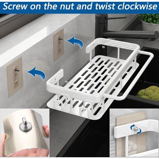 Spoelbak-organizer voor keuken, geen boren, keuken, caddy-houder, opbergruimte voor keukenaccessoires, spons/borstel/spoelzeep, spoelbak met handdoekhouder en haak (wit)