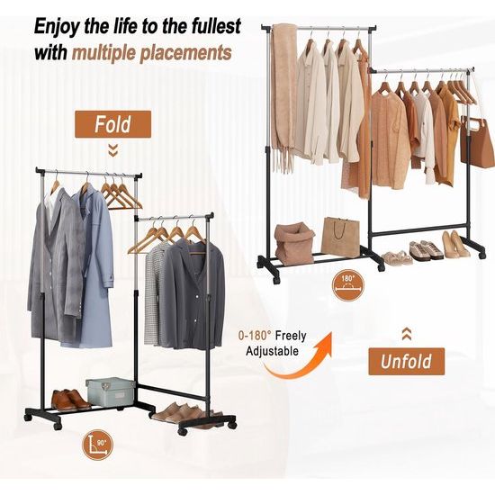 Kledingrek met wieltjes, kapstok met schoenenrek, 2 kledingstangen 1 in hoogte verstelbaar, L-vormig en recht verstelbaar, van metaal, zwart