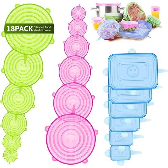 siliconen deksel, 18-delig siliconen stretch deksel, BPA-vrij, herbruikbare siliconen afdekking, universele siliconen vershouddeksel voor schotels, potten, glazen, bekers