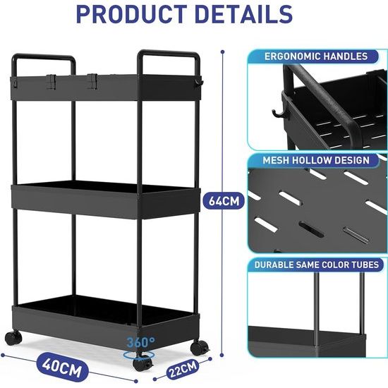 Rolwagen, keukentrolley met 3 niveaus, serveerwagen met ophangbeker, scheiding, haken, rek op wielen voor keuken, slaapkamer, kantoor, zwart