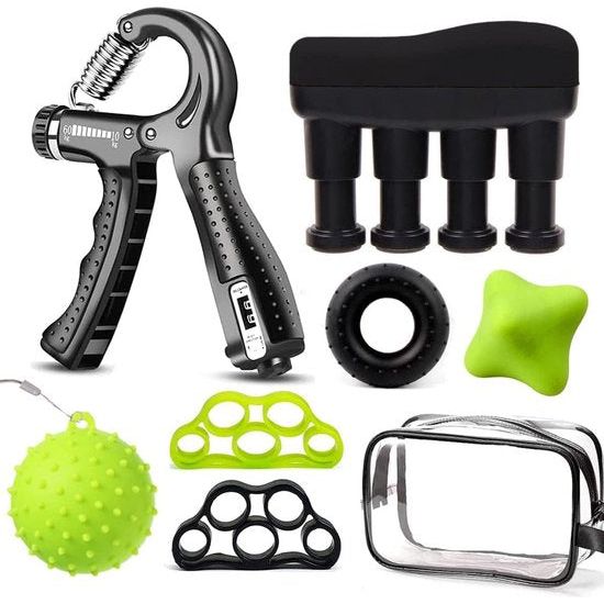 Handtrainer vingertrainer, handtrainingsapparaat kit (7 stuks), instelbare weerstand grip krachttrainer, vingerstrekker, anti-stress bal, trainingsring, massagebal voor recreatie en atleten